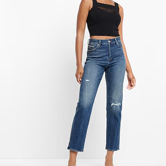 High Waisted Dark Wash Selvedge Straight Ankle Jeans - Picture 2 of 2